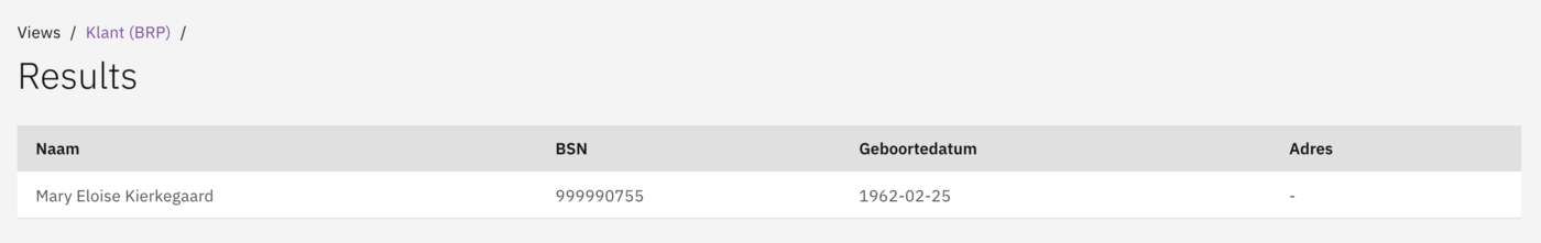 Search results table